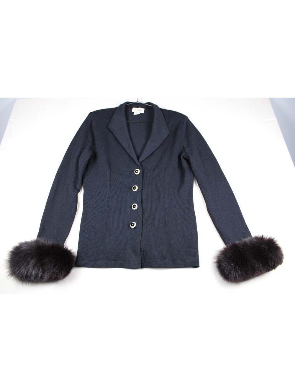 Vintage Terani Wool Blend Knit Jacket Faux Fur Cuffs Black Sz 12 Mob Wife 90s